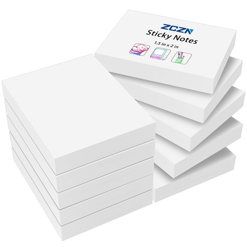ZCZN Small Sticky Notes, 1.5in x 2in, 100 Sheets/Pad, 10 Pads/Pack, White - Image 1
